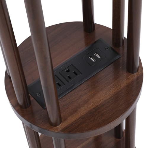 9 x25 Fully Assembled Walnut Wood Round Drink Table with Charging Station, Mid-Century Modern Circle Wood Accent Pedestal Table for Living Room or Small Bedroom Nightstand