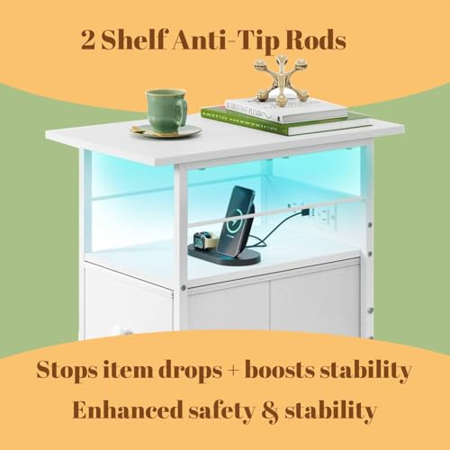 WLIVE Nightstand Set of 2 with Charging Station, End Table Sets with LED Lights, 2 Fabric Drawers and Open Shelf, Bed Side Tables Living Room, Small Space, Night Stand for Bedroom,White - color: White, size: 2 Drawers