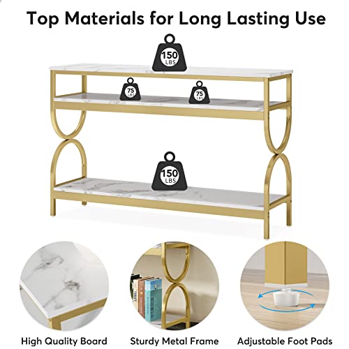 Tribesigns 3-Tier Console Table, 55 inch Sofa Table with Open Storage Shelves, Narrow Long Hallway/Entryway Table with Faux Marble Top for Home Living Room Entryway, White & Gold