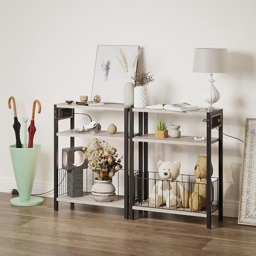 TRIFEBLE Narrow Side Table with Charging Station, Small End Table for Small Spaces, Slim Nightstand with Storage Basket, 3 Tier Skinny Bedside Table for Living Room, Bedroom, Greige - color: Greige, style: With Basket & Power