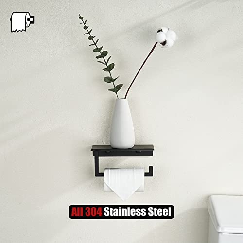 JQK Toilet Paper Holder Shelf, Bathroom Tissue Roll Holder with Phone Shelf, 5 Inch 304 Stainless Steel Tissue Paper Dispenser, Matte Black Wall Mount, TPH202-PB - color: Black