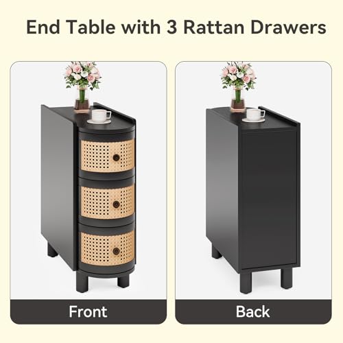 LITTLE TREE Solid Wood End Table, Rattan Narrow Side Table with 3 Drawers | No Assembly Required, Solid Wood Nightstand, Bedside Table for Living Room, Bedroom, Office, Bathroom, Balck - color: Black
