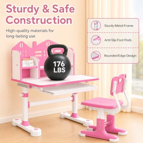 Kids Desk and Chair Set, Height Adjustable Child's School Study Writing Tables, Kids Desk with Bookstand and Storage Drawer, Widened Desktop with Desktop for Boys and Girls (Pink-A-MAX) - color: Pink-a-max