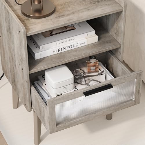 MMEOLUOOK Nightstand with Charging Station, Bedside Tables Oak Grey End Table Side Table with 2 Tiers Storage Space, for Bedroom Living Room MLBZ07GE - color: Oak Gray