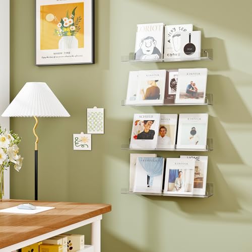 Dooiclear 4 Pack Floating Shelves for Wall, 15" Clear Floating Wall Shelf | Acrylic Book Shelf, Display Shelves Organizer for Bathroom, Classroom, Bedroom, Living Room, Kitchen, Room Decor - size: 4 Pack