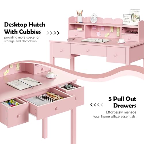 FUNKOCO Pink Writing Desk with Hutch & 5 Drawers - 40 Inch Modern Computer Workstation for Home Office, Teen Desk, Small Study Desk, Ideal for Gift - color: 4-large Pink