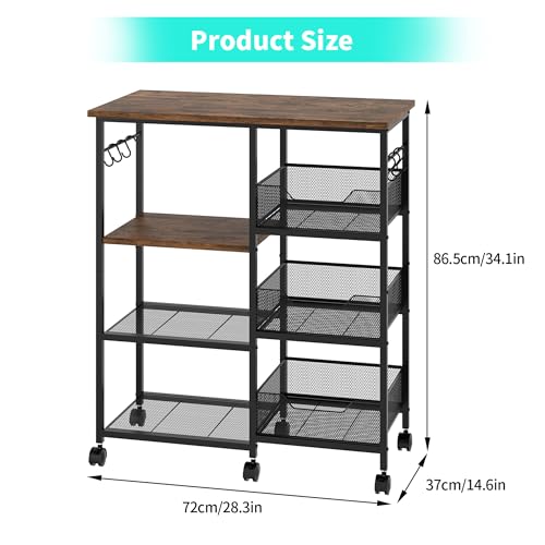 HapiRm Rolling Kitchen Carts with Storage - Microwave Table Stand with 6 Hooks & 3 Baskets, kitchen Island Cart on Lockable Wheels, 28.3" L × 14.6" W Bakers Rack Cart for Dining Room Coffee Bar Office - color: Brown