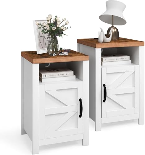 oneinmil End Table with Charging Station, Farmhouse Nightstand with Barn Door, Sofa Side Table with Storage Space 2-Piece Set, Suitable for Livingroom and Bedroom,White - color: White