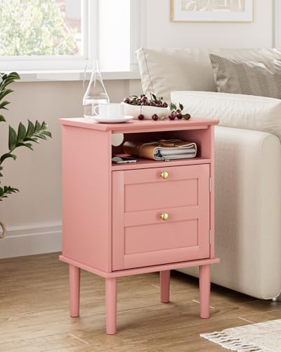 Nightstand, Boho Night Stand with 1 Drawers, Modern Side Accent Table with Open Shelf, Wooden Top Bedside End Table for Bedroom, Living Room, Pink - color: Pink