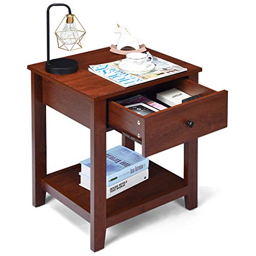 Giantex Nightstand Set of 2, Wooden 2-Tier End Table with Drawer and Storage Shelf, Versatile Bedside Tables, Modern Side Table for Bedroom, Living Room, Small Spaces, Easy Assembly, Walnut