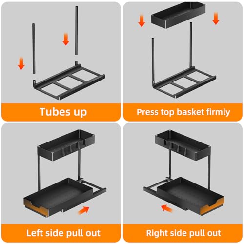 Simple Trending Under Sink Organizer 2 Pack, 2 Tier Cabinet Organizer with Sliding Basket, Multi-Purpose Sink Storage Basket with 4 Hooks for Kitchen Bathroom, Black - size: 2 pack