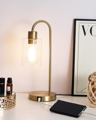 Bedside Lamps Set of 2, Gold Touch Table Lamp with USB C+A Ports, 3 Way Dimmable Bedroom Lamps with Glass Shade, Brass Nightstand Lamp for Bedroom Living Room, 2 LED Bulbs Included - size: 2 Pack