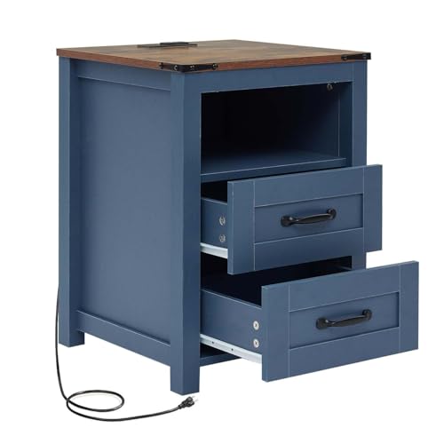 Farmhouse Night Stand, Rustic Blue Nightstand for Bedroom, End Tables with Charging Station, Bedside Table with Drawers, Wood Bedside Cabinet Dresser - color: Blue, size: 1pcs with Charging