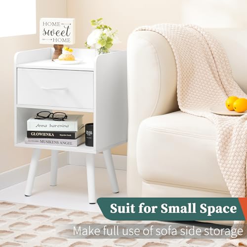 Yoobure Modern Nightstand with Drawer, Bedside Tables, Mid Century Nightstands with Open Storage Shelf, Wood Bedside Table, Small Night Stands for Bedrooms, 2-Tier Night Table - color: White