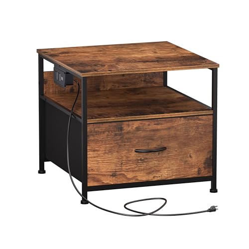 Unionly Mini Fridge Stand with drawer Storage,shelf & Power Outlet | 180lb Mini Fridge Table with Charging Station,Heavy duty small refrigerator shelf,white end table for Living Room,Kitchen - color: Brown