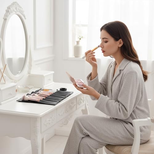 Makeup Brush Holder Travel Makeup Brush Bag Make Up Brushes Roll Organizer with Belt Strap Cosmetic Pouch Case for Women