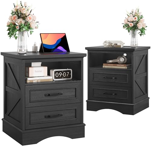 Fluest 24" Tall Farmhouse Nightstands Set of 2, Night Stands with Fast Charging Station, Beside Tables with Drawers and Open Storage, Rustic End Tables for Bedroom, Antique Black - color: Antique Black