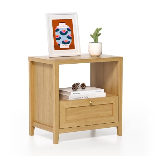 EYYTHUNG Farmhouse Nightstand with Drawer Modern 24" Wide End Table Night Stands Large Wooden Bedside Table with Open Shelf Mid Century Night Stands for Sofa, Natural Oak - color: Natural Oak, size: 1 PC