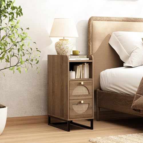 Narrow Nightstand for Small Spaces - 9.3" Slim Side Table with Rattan-Weave Drawers, Skinny Bedside Table with Open Shelf, Rustic Tall Thin Gap Filler for Bedroom & Sofa Side, Caramel Oak - color: Caramel Oak
