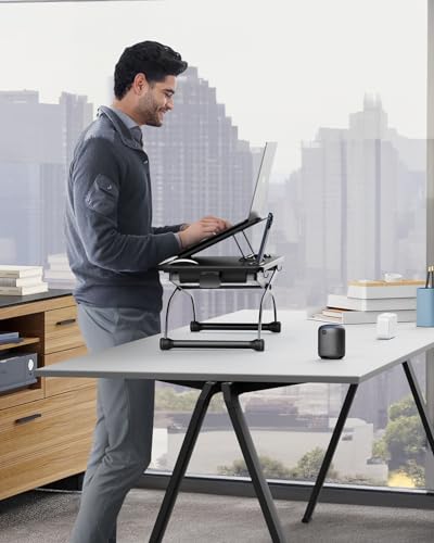 SAIJI Metal Small Laptop Desk Standing Converter Adjustable Desk Riser | 23" Height & Angle Adjustable Laptop Desk for Table, Sit-Stand Workstation, Table Extender for Desk