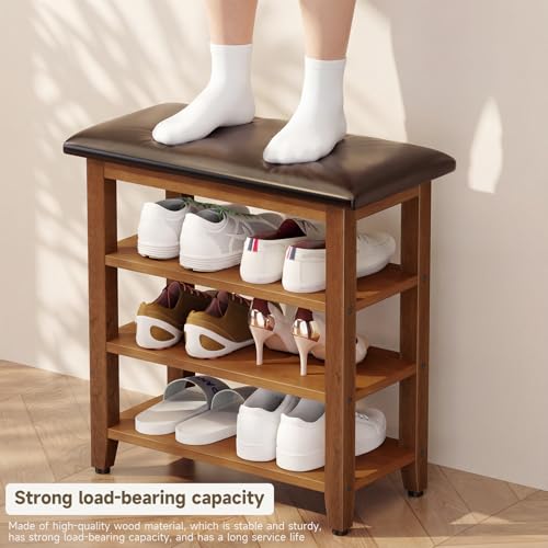 Shoe Bench with Leather Cushion,Rubberwood Bench with Shoe Rack | 3-Tier Shoe Storage Organizer for Entryway,Hallway,Living Room - size: 3-Tier-23.6"