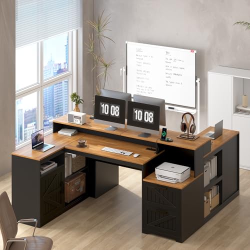 TVU Farmhouse L Shaped Desk with Drawers, 62.2" Home Office Desk with Storage Shelves and Power Outlet, L Shaped Computer Desk with Monitor Stand and Printer Shelf, Brown and Black - color: Brown and Black