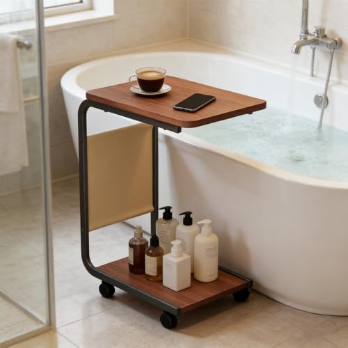 Side Table - C-Shaped End Table, Small Side Table for Couch, Sofa Bed Bathroom Study TV Tray C Shaped End Table Food Snack Trays for Eating (with Wheels) - style: With Wheels