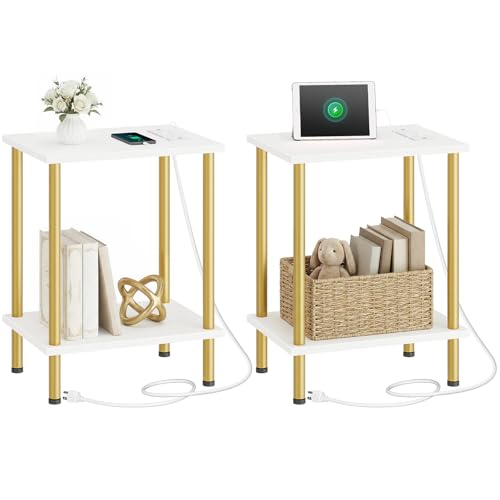 HOOBRO Side Table with Charging Station, Set of 2 End Tables with USB Port and Outlets, Nightstand with 2-Layer Storage Shelves for Small Spaces, Living Room, Bedroom, White and Gold DW09UBZP201 - color: White + Gold