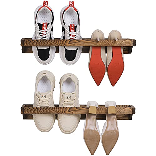 MyGift Set of 2 Solid Wooden Wall Mounted Shoe Rack Storage Organizer with Rustic Burnt Wood Finish, Hanging Footwear Holder for Closet, Mudroom, Entryway, Holds 4 Pairs - color: Rustic Burnt Brown