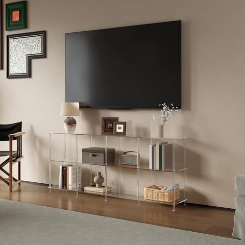 Acrylic Long Bookshelf, Low Horizontal Bookcase with 8 Cube Storage, 3-Tier, Modern Clear Open Book Shelf for Living Room, Office,Bedroom, 11.8''D x 62.2''W x 26.6''H