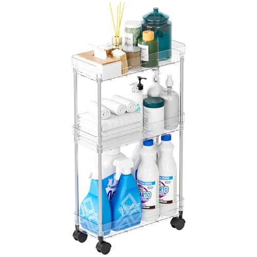Clear 3 Tier Slim Rolling Storage Cart with Wheels,6.3″W Thin Shelf,Bathroom Storage Cabinet,Skinny Laundry Cart,Narrow Laundry Room Cart Between Washer and Dryer,Skinny Shelves for Small Space - style: 3 Tier