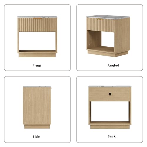 Fluted Nightstand, Night Stand Set 2, 23" Wide Nightstands Set of 2 with Charging Station & Faux Marble Top, Modern End Table with Drawer, Bedside Table for Bedroom Living Room, Natural Oak - color: Natural Oak + Faux Marble Top, size: 1 Drawer(23"W)