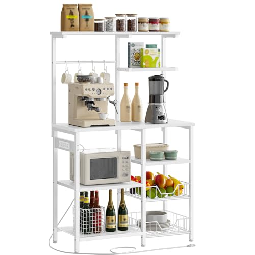HOOBRO Large Bakers Rack with Power Outlets, 6-Tier Microwave Stand with 4 Hooks, Coffee Bar, Kitchen Shelf with Wire Basket, for Kitchen, Living Room, Office, White WW64UHB01 - color: White