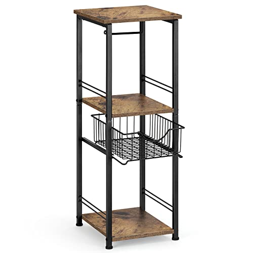 Bathroom Storage Shelf Floor Standing Toilet Storage Cabinet with Drawer | 3 Tier Narrow Shelving Unit, Open Storage Shelves, Adjustable Feet, for Small Spaces, Laundry Room, Kitchen, Rustic Brown