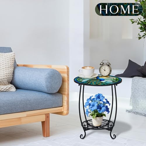 Cinnvoice Outdoor Side Table Round Small Mosaic Patio Accent Indoor End Plant Coffee Tea Table for Yard Patio Porch Garden Living Room, Bedroom(Peacock Style,12 Inch) - size: 12 Inch, style: Peacock Style