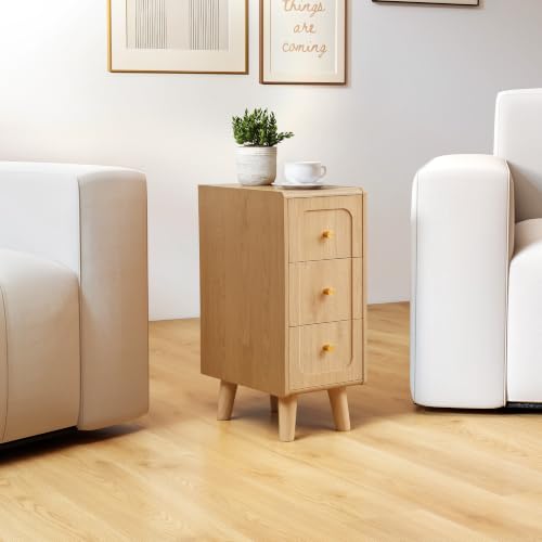 Narrow Nightstands with 3 Drawers, Wooden Farmhouse Bedside Tables, Slim End Tables with Storage, Small Night Stand for Bedroom, Living Room, Small Spaces - color: Natural-3drawers-1pcs