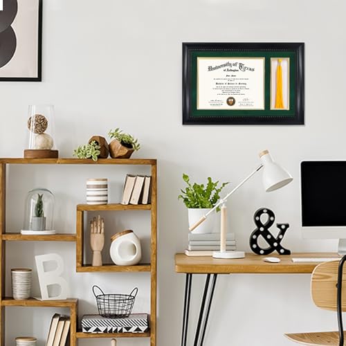 GMFrames 8.5x11 Diploma Frame with Tassel Holder, Solid Wood & Tempered Glass, Green over Gold Mat, Black Finish with Intricate Black Rope Detail - color: Black / Green Gold Mat, size: 11x17 for 8.5x11 with Tassel