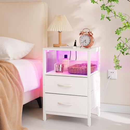 Yoobure Nightstand with Charging Station, LED Night Stand with Fabric Drawers and Storage Shelf for Bedroom, Nightstands Bedside Tables with USB Ports & Outlets, Small Night Stands, Bed Side Table - color: White