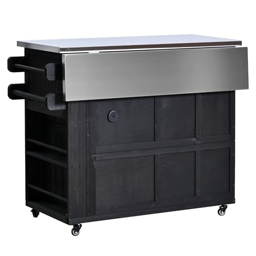 Outdoor Solid Wood Kitchen Island with Storage, 28" Extendable Stainless Steel Top Grill Cart, Rolling BBQ Prep Station with Drawers, Spice Rack, Towel Rack for Backyard, Patio, Camping - color: Black