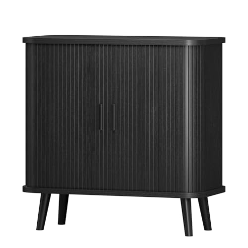 Sideboard Buffet Cabinet with Sliding Door, 31.5" Wide Fluted Modern Accent Storage Cabinet with Adjustable Shelves, Wood Coffee Bar Buffet Console Table for Kitchen, Dining Room, Living Room, Black - color: Black
