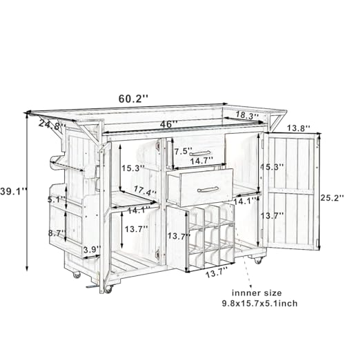 Modern 60.2''W Outdoor Kitchen Island with Wheels, Rolling Patio BBQ Kitchen Cart with Stainless Steel Top, Wood Grill Cart with Spice Rack&Wine Rack,2 Drawers, Gray - style: Gray