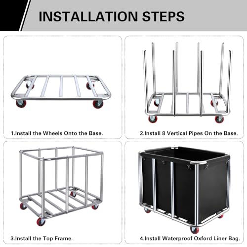 Commercial Laundry Cart with Wheels,400L Large Industrial Laundry Cart,Commercial Laundry Basket with Sturdy Stainless Steel Frame and Oxford Bag for Home Hotel Hospital 440 lbs (Black) - color: Black