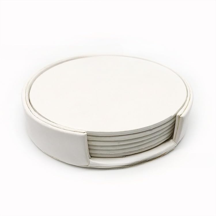 Leather Coaster Set - 4.3 Inch Round Desk Drink Pads for Hot & Cold Beverages, Office & Home Use (White) - color: White