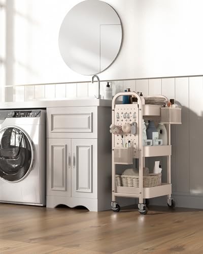 ALVOROG 3 Tier Rolling Cart with DIY Pegboards Metal Utility Cart with Wheels Handles Baskets Hooks, Craft Cart for Office Kitchen Bathroom(Khaki) - color: Khaki
