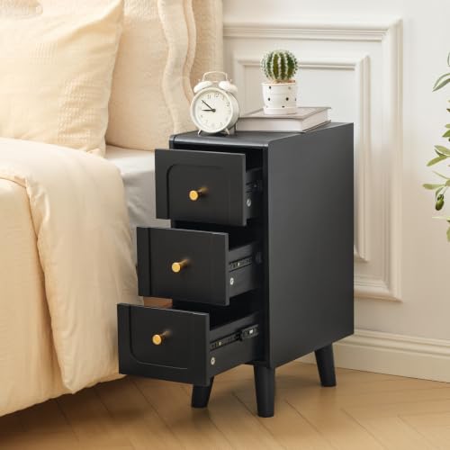 Small Nightstand Set of 2, Narrow Nightstand Slim Couch Side Table with Drawers, Wood End Tables with Storage for Living Room, Bedroom, Small Spaces (3Drawers-Black-2PCS) - color: 3drawers-black-2pcs
