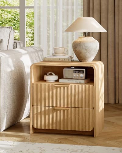24" Fluted Nightstand Set of 2 with Charging Station, Bedside Table with Metal Handle, NightStand with 2 Drawer and Shelf, End Table for Bedroom, Curved Profile, Natural Oak - color: Natural Oak-2 Drawers, size: 2 Drawers