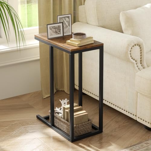 Giantex C Shaped End Table Set of 2, Small Side Tables for Sofa, Couch Table That Slide Under with Metal Frame, Industrial TV Tray Table for Small Spaces, C Table for Living Room Bedroom, Rustic Brown - color: Rustic Brown