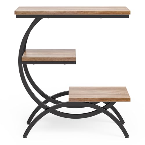 LITTLE TREE End Table, Narrow End Table with 3 Storage Shelves, Industrial C-Shaped Small Sofa Side Table for Living Room, Wood Slim Snack Table with Black Metal Frame, Oak - color: Oak
