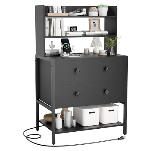 39 Inch Tall Nightstand with 2 Drawers & Charging Station, Black | 4-tier Open Shelves, P2 Particle Board, Steel Frame, 2 AC Outlets, 2 USB Ports, Suitable for Dorm and Apartment - color: Black