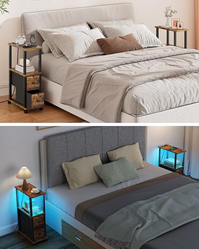 TUTOTAK Small Narrow End Tables, LED Side Tables with 2 Fabric Drawers, Set of 2, Bedside Tables with Charging Station for Small Spaces, Slim Nightstands with USB Ports and Wheels, TB01BB053CL - color: Brown and Black, style: with LED Light & Outlets